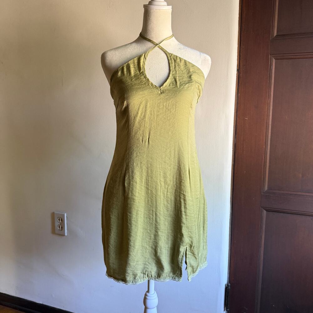 PRINCESS POLLY | Sage Green Slip style Cross neck Halter Mini Dress | Size 4
